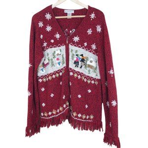 Dressbarn Winter Christmas Sweater Full Zip Cardigan Women's L Red Fringe Snow